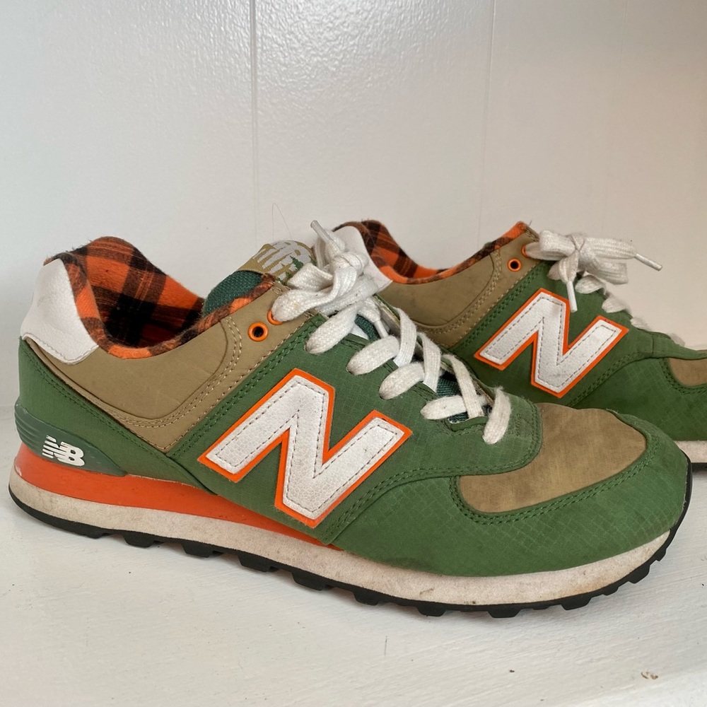 New balance 574 sneakers- mens, green + orange